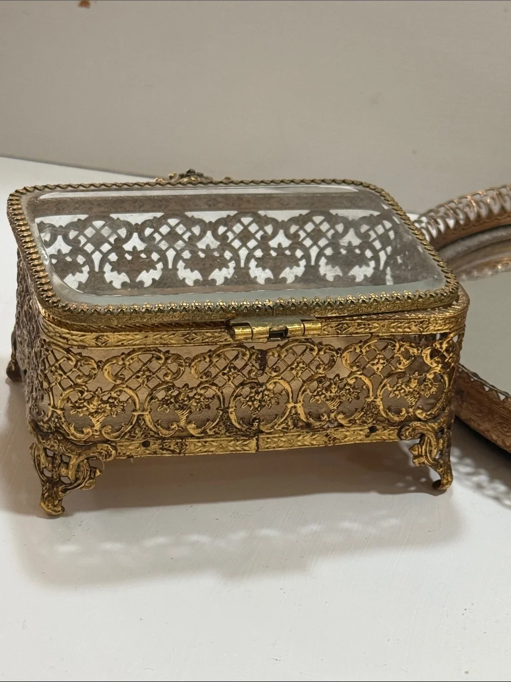 Vintage Ormolu Ornate Gold Brass Glass Jewelry Trinket Box & Round Mirrored Tray